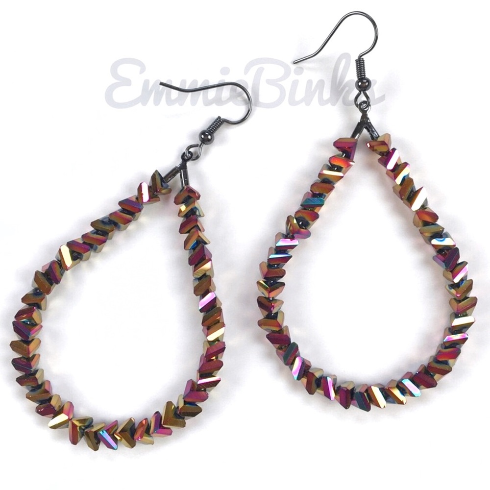 New FP Oil Slick Holographic Beaded Teardrop Dangle Earrings - Picture 3 of 14